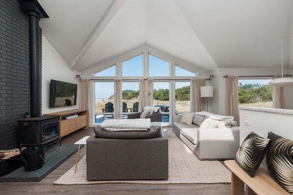 Smart TV, fireplace, books