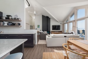 Smart TV, fireplace, books