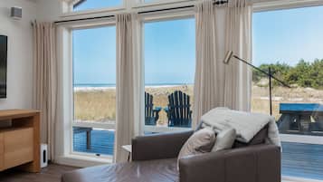 Smart TV, fireplace, books