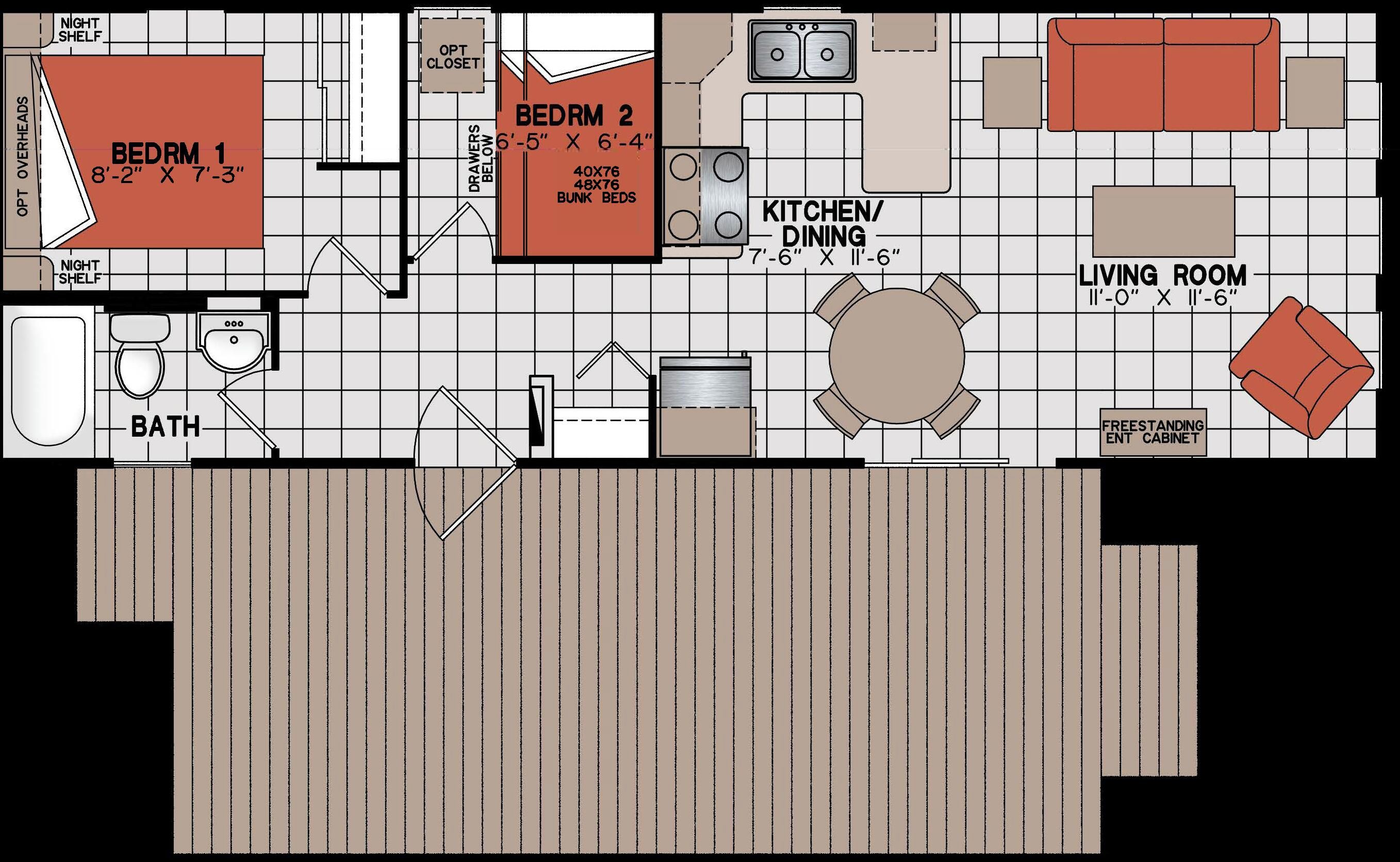 A floor plan with two bedrooms, a kitchen/dining area, a living room, and a bathroom.