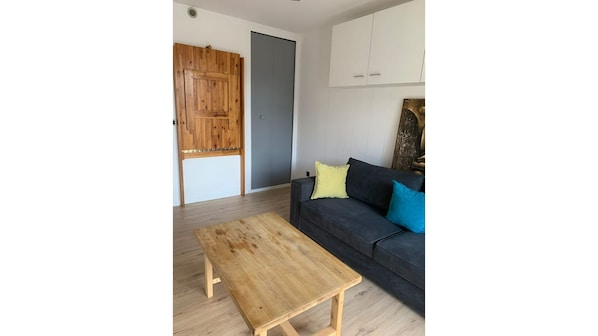 Un salon avec une table basse en bois, un canapé foncé avec des coussins et une porte en bois.
