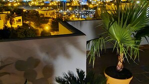 A rooftop terrace with potted plants and a view of a cityscape at night.