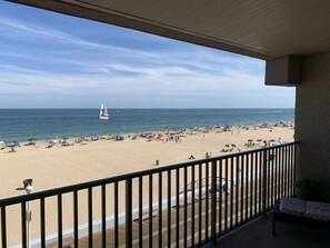 On the beach, sun loungers, beach towels