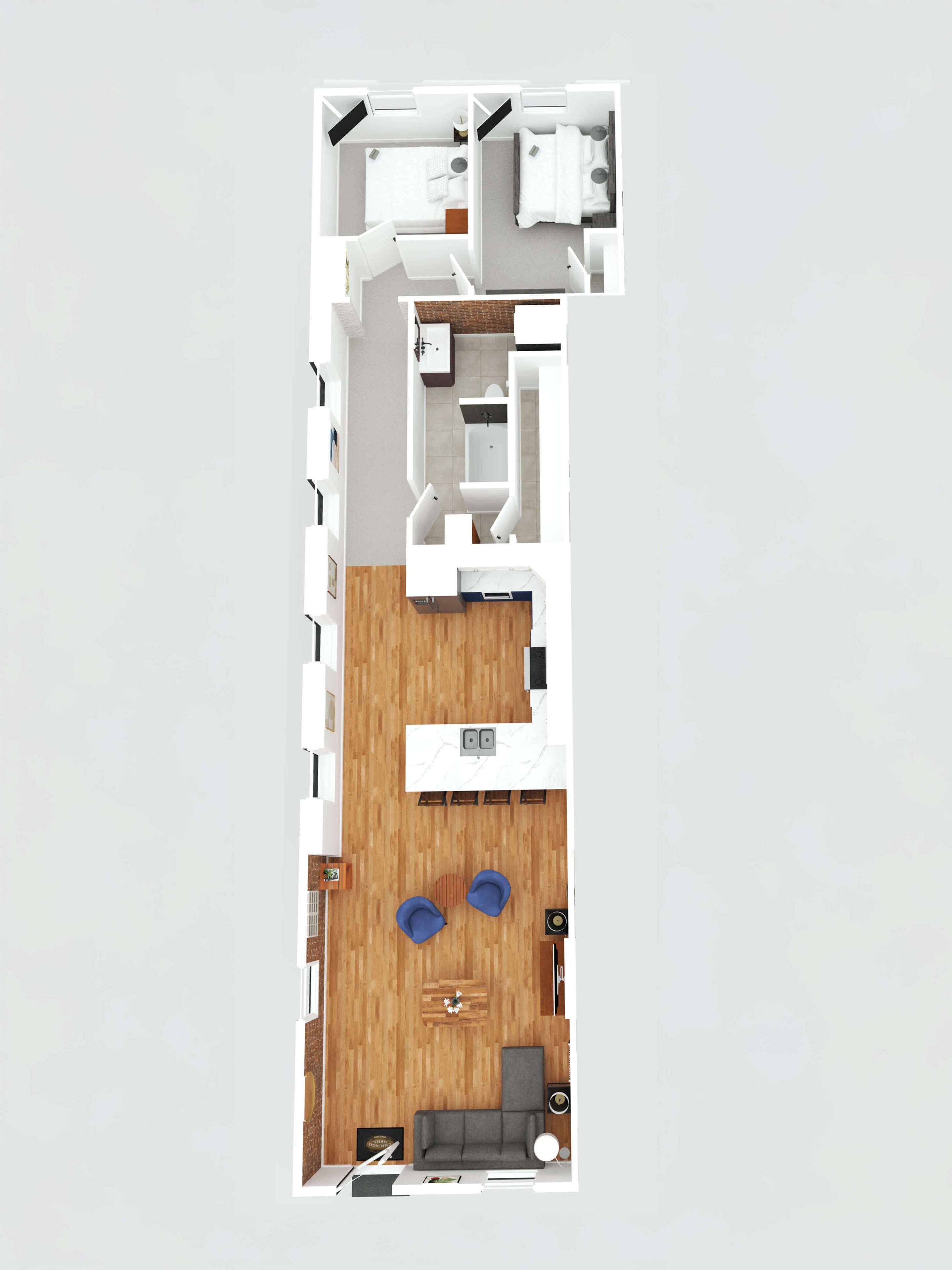 Distribución de un apartamento de dos habitaciones con cocina, sala de estar y un balcón.