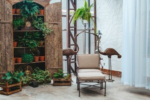 Un interior rústico con una estantería de madera llena de plantas, un sillón acolchado y un expositor de metal decorativo.