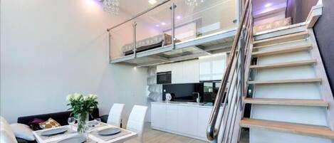 Mini-fridge, microwave, stovetop, espresso maker