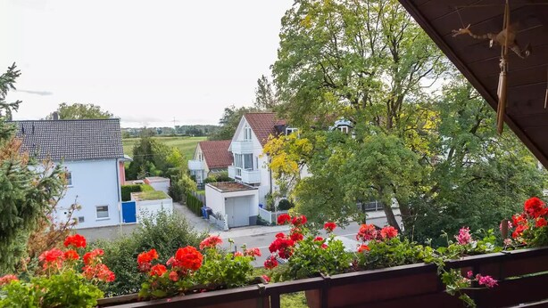 Un barrio residencial con casas, un jardín de flores rojas y una valla de madera.