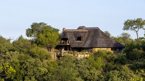 A large, rustic house with a thatched roof, surrounded by dense greenery. - Simbavati Mvubu (Bushbuckridge)