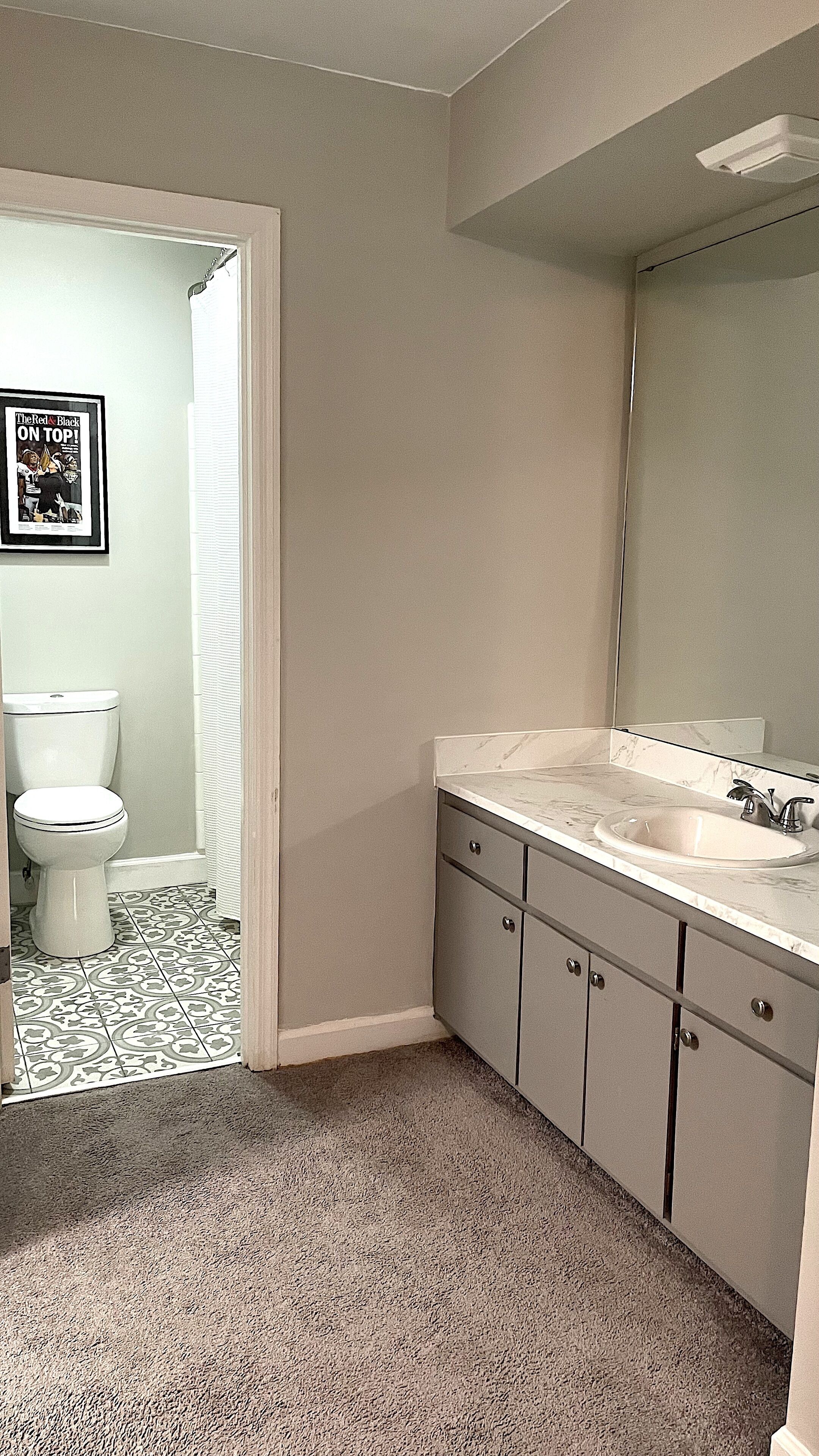 Combined shower/bathtub, hair dryer, towels, toilet paper