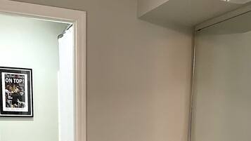 Combined shower/bathtub, hair dryer, towels, toilet paper