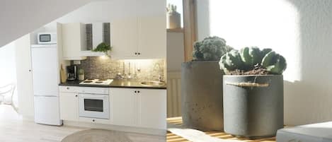 Appartement (1) | Cuisine privée | Grand réfrigérateur, micro-ondes, four, plaque de cuisson