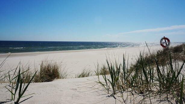 A beach with a lifeguard sign, clear skies, and ocean waves.