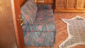 A room with a patterned sofa, a wooden cabinet, and a rug. - Furnished mini-apartment (Bagni di Vinadio)