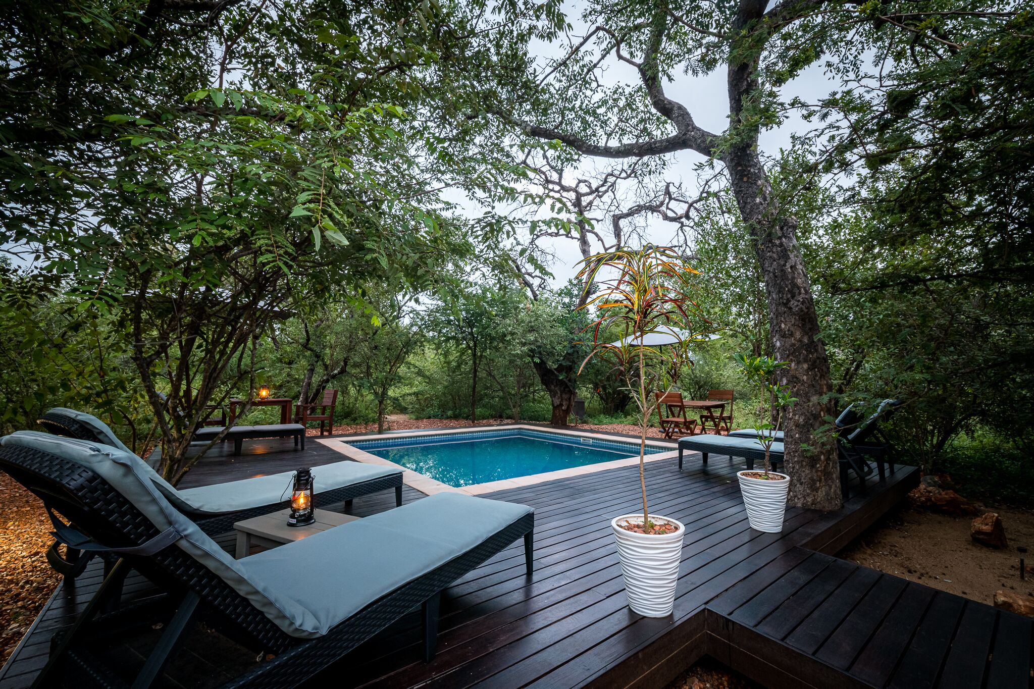 An outdoor swimming pool surrounded by wooden deck chairs and tables, with trees and a bench in the background.