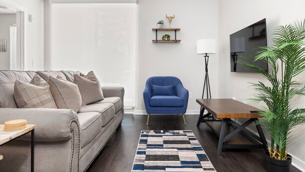 A modern living room with a sofa, a blue armchair, a coffee table, a rug, a lamp, a TV, and a plant. - *NEW* Spacious Condo Near Downtown TC (Traverse City)