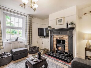 Una sala de estar con chimenea, televisor y ventana con cortinas.