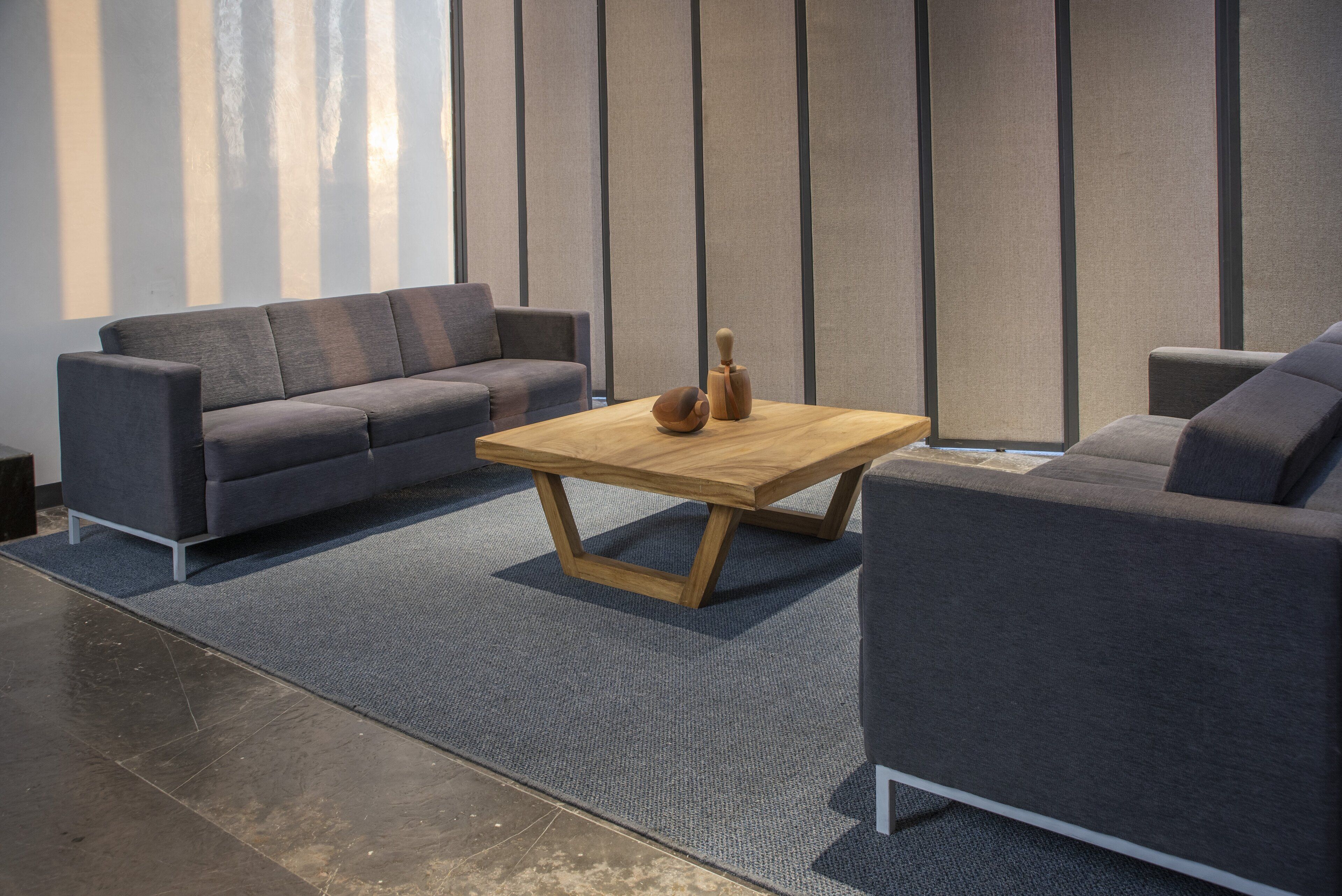 A modern living room with a grey sofa, a wooden coffee table, and a grey rug.