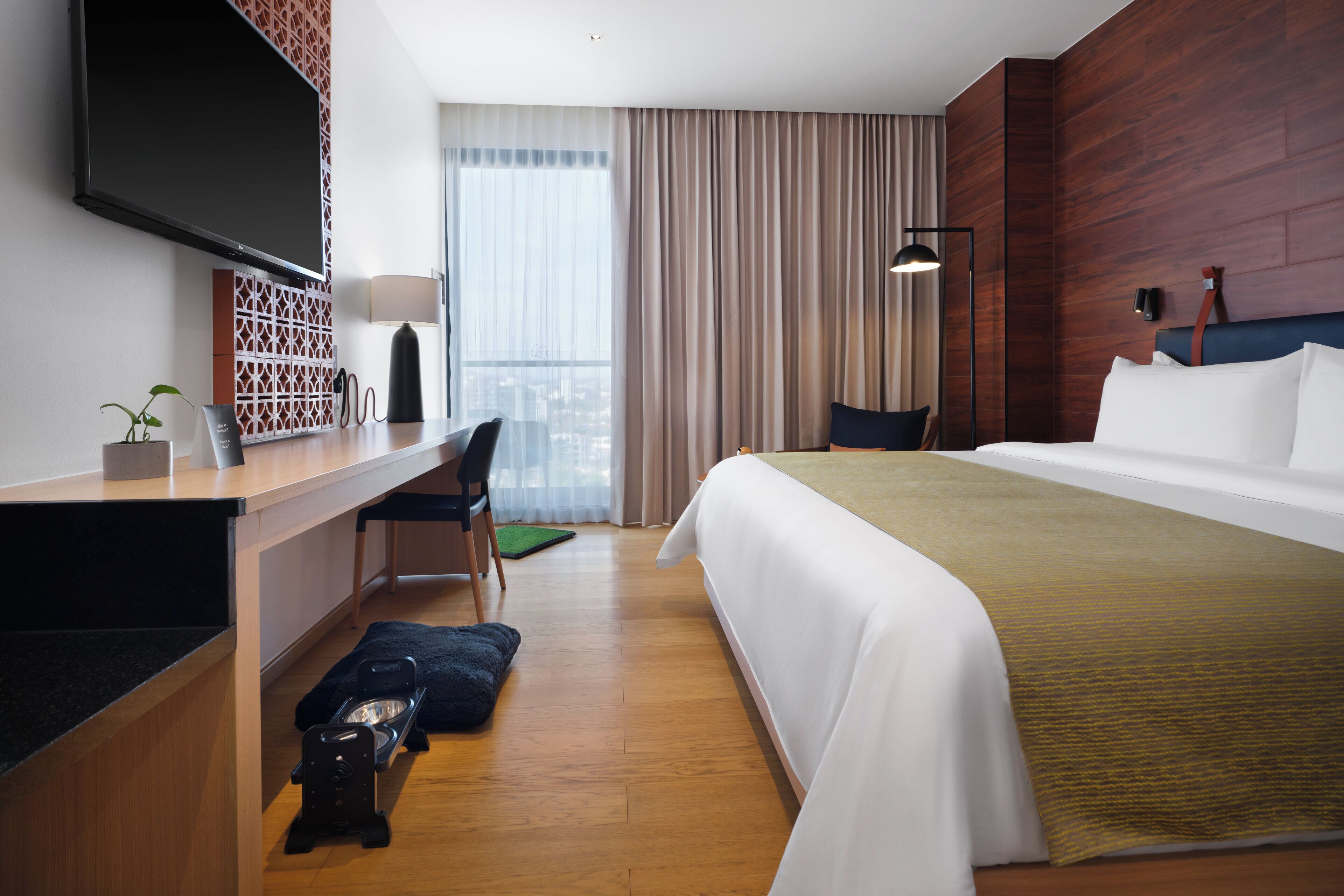 Quarto de hotel com cama, escrivaninha, cadeira, televisão e janela com cortinas.