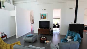 Televisie, een open haard en boeken