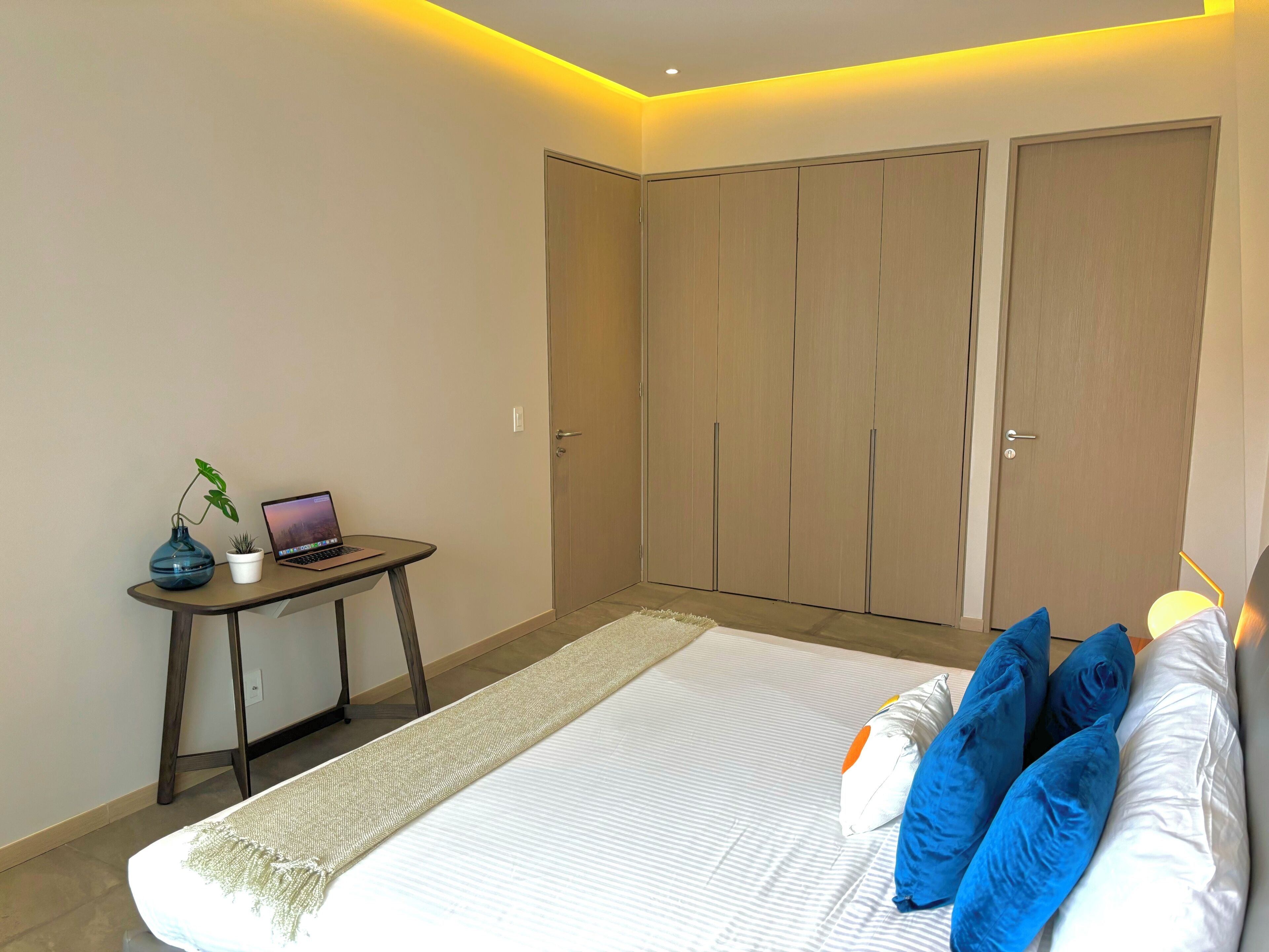 Un dormitorio con cama, un escritorio con computadora portátil, una planta en maceta y un armario.