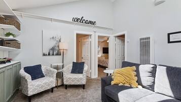 Smart TV, fireplace, video games, DVD player