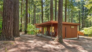 Une cabane dans une forêt, dotée d’un porche et d’une petite terrasse.