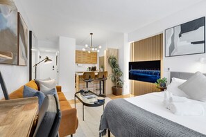 1 bedroom, desk, iron/ironing board, travel cot