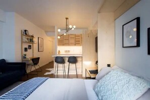 1 bedroom, desk, iron/ironing board, travel cot