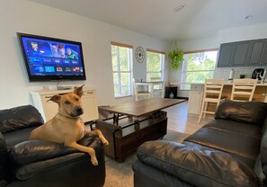 Un salon avec un chien, une télévision, une table à manger et un coin cuisine.