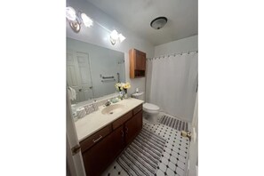 Shower, towels, soap, toilet paper