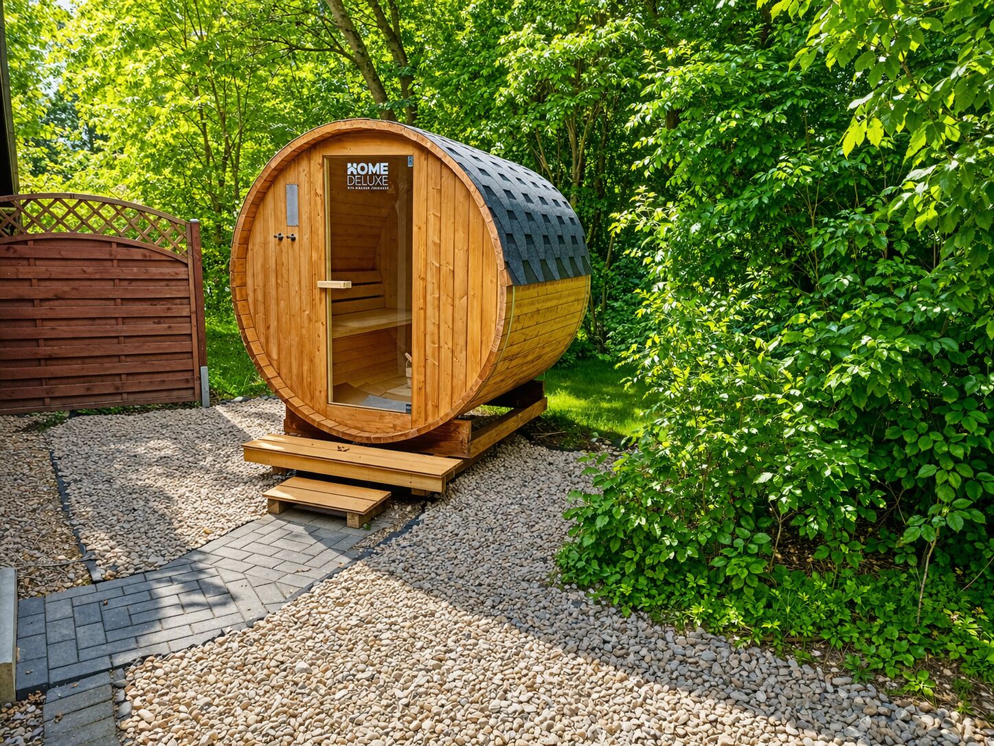 A wooden sauna with a door labeled 'HOME DELUXE' in a natural setting.
