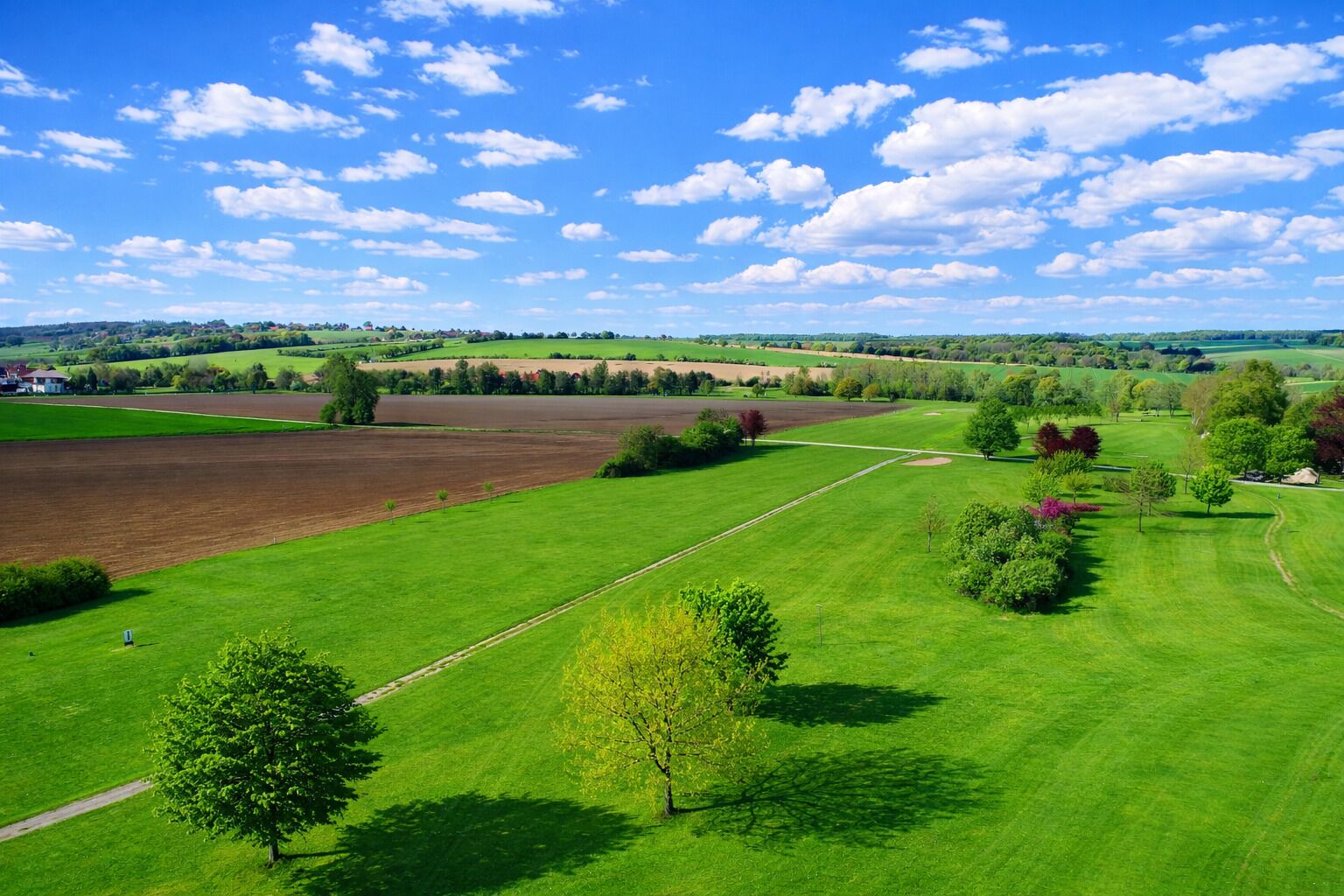 Paisaje rural con campos, árboles y cielo despejado.