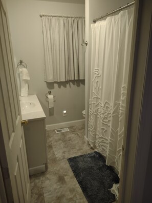Combined shower/tub, hair dryer, towels, shampoo
