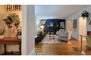 TV, fireplace, books