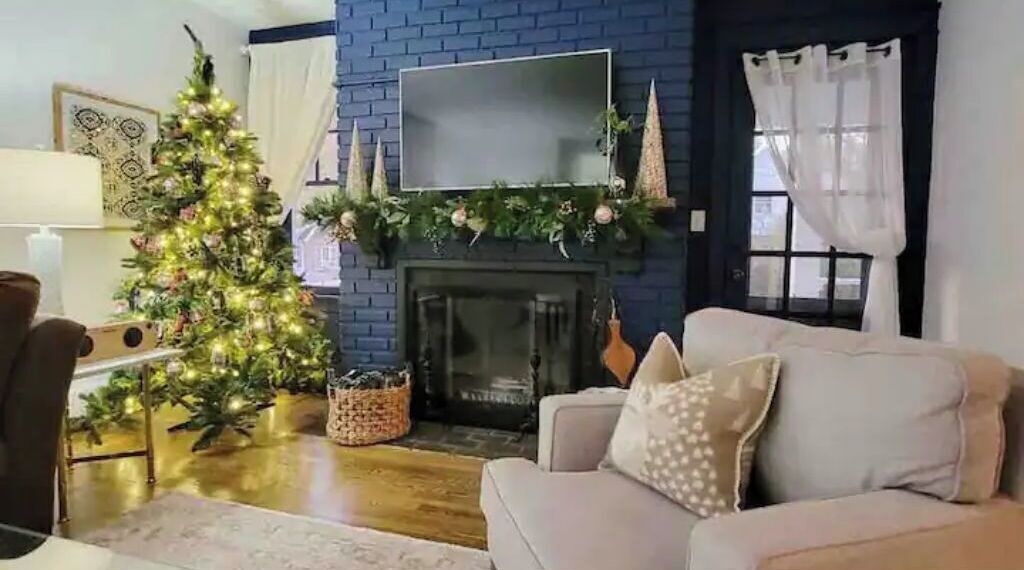 TV, fireplace, books