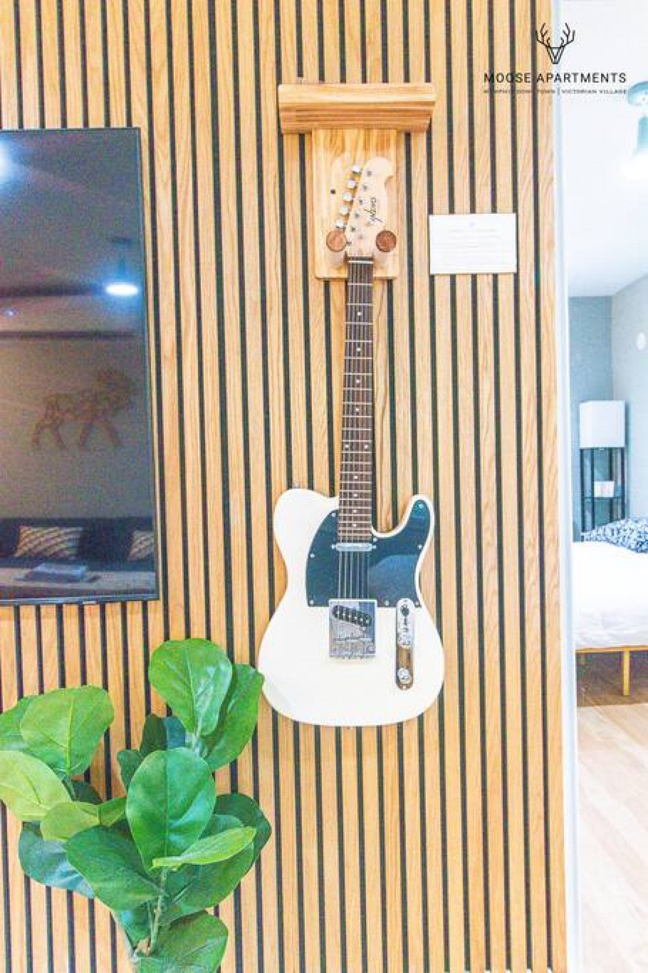 A guitar mounted on a wooden wall with a television and a plant nearby.