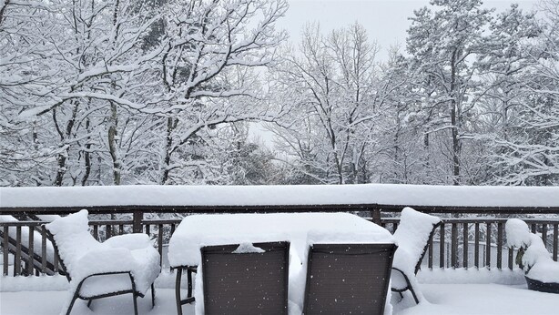 Une terrasse enneigée, avec une table et des chaises, entourée d’arbres.