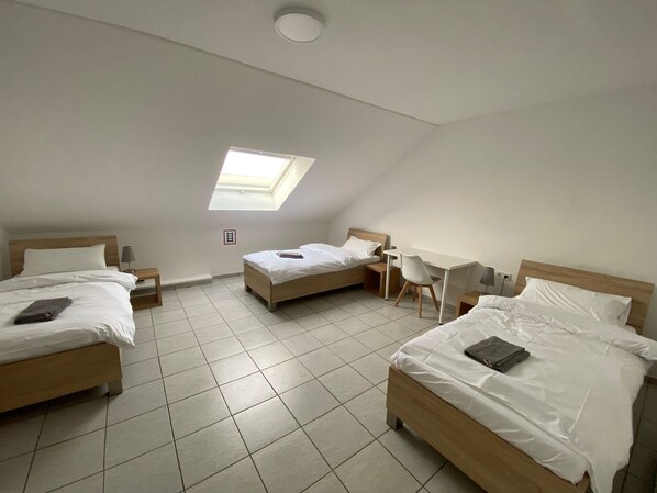 A dorm-style room with three beds, a desk, and a skylight.