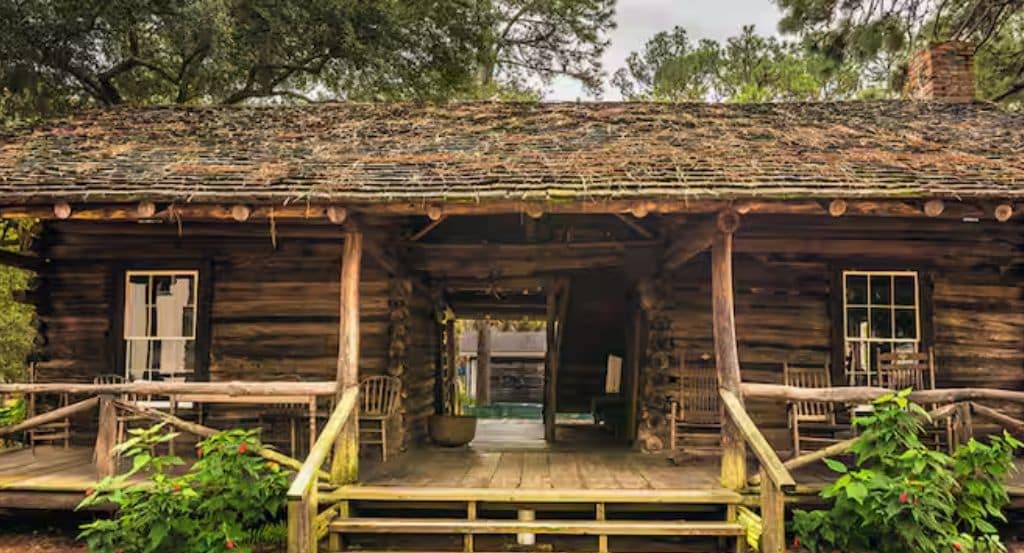 A rustic log cabin with a porch, surrounded by greenery.