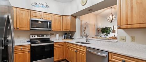 Fridge, microwave, oven, dishwasher