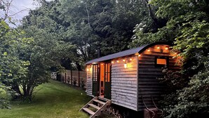 Una cabaña de madera con un porche, rodeada de abundante vegetación.