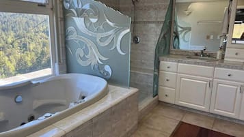 Combined shower/tub, jetted tub, hair dryer, towels