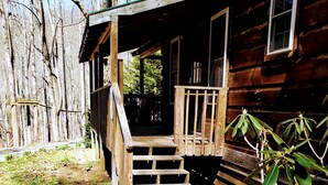 A wooden cabin with a concrete pathway leading to a porch. - Hilltop Cabin (Newland)