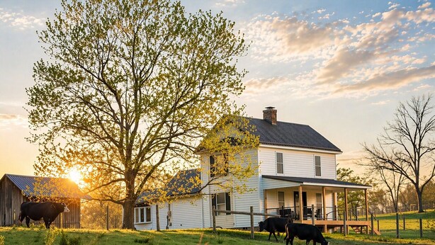 Une maison blanche avec un porche, entourée d’un champ verdoyant et d’arbres, où l’on peut voir des vaches qui paissent à proximité.