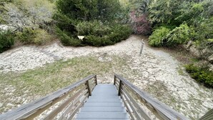 A wooden staircase leading to a sandy area surrounded by dense greenery.