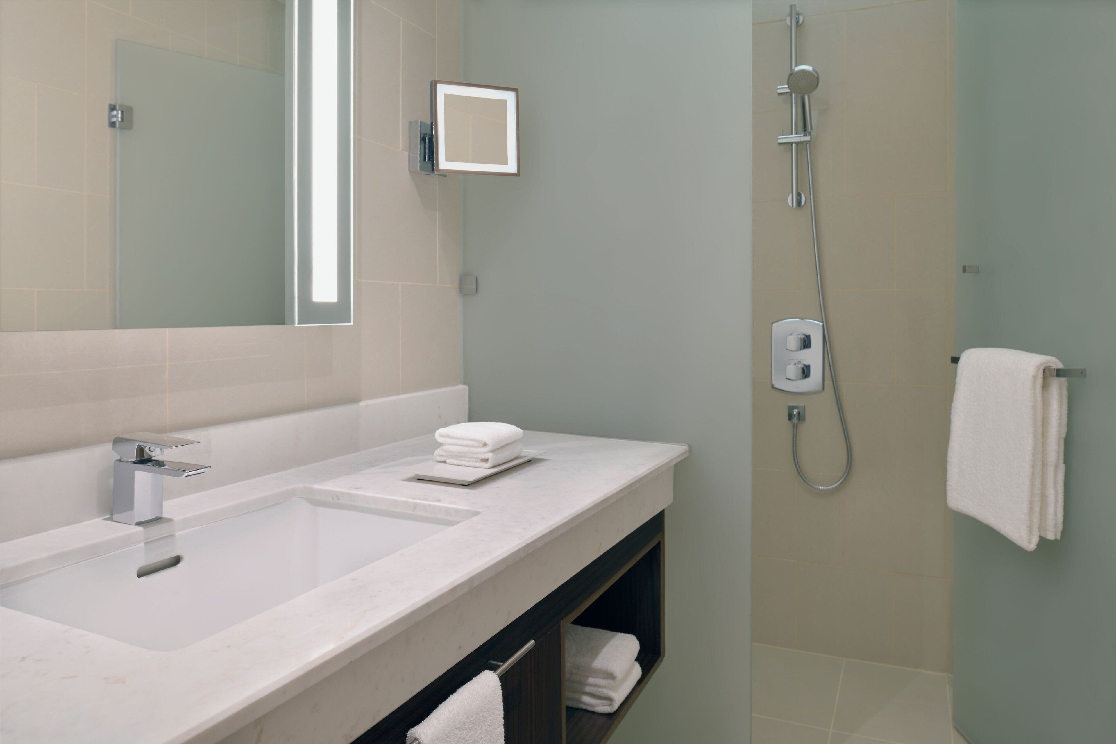 Un bagno moderno con un lavandino capiente, uno specchio, una doccia e un porta asciugamani.