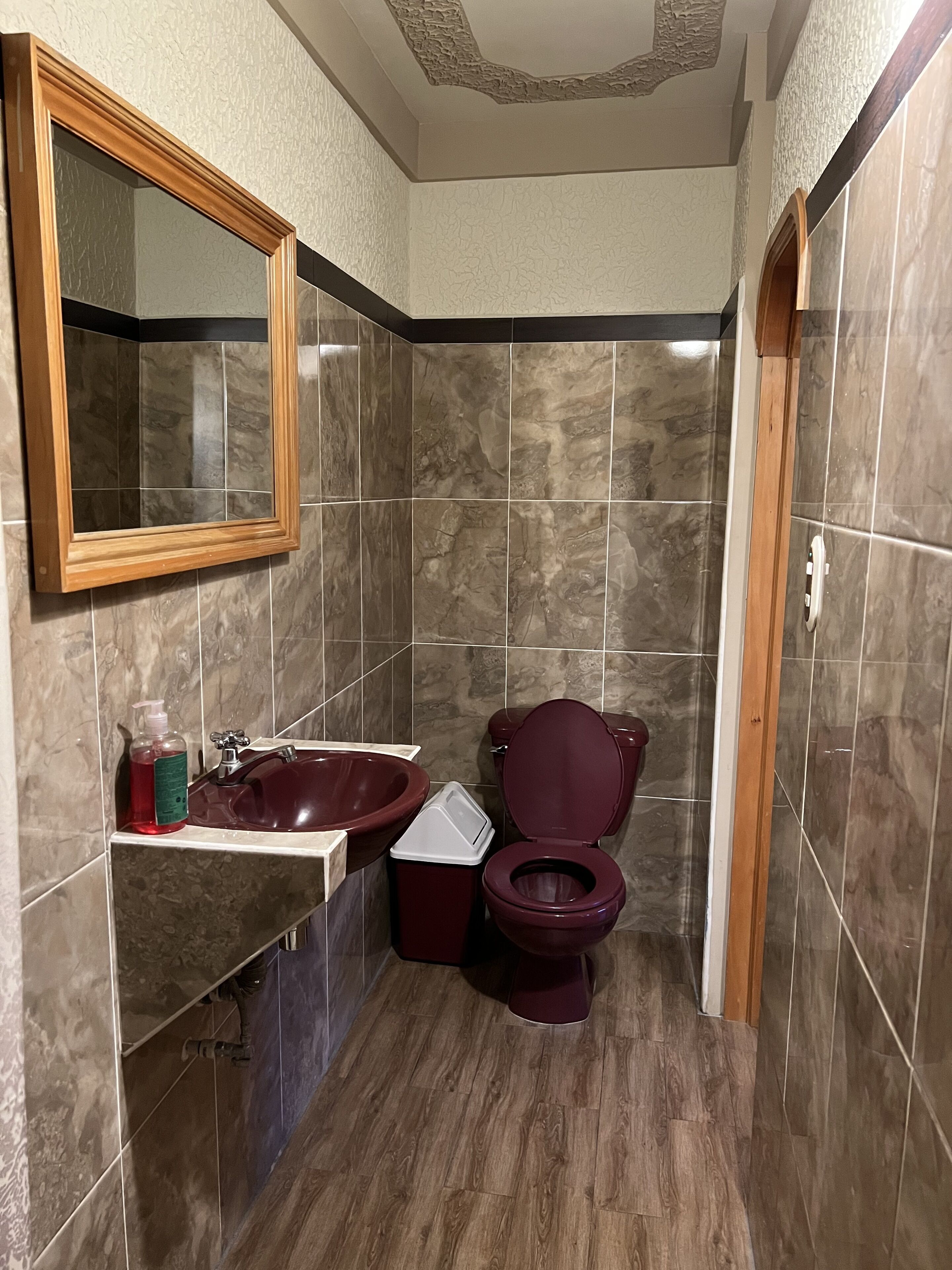Une salle de bain avec un miroir encadré en bois, un lavabo en marbre, des toilettes et une poubelle.