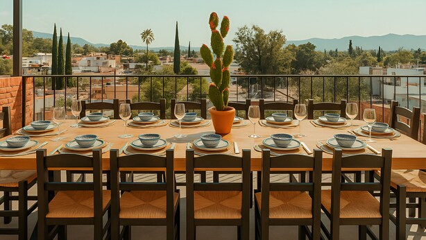 A dining area with a table set for six, overlooking a cityscape with mountains in the distance. - Casa Acueducto (Oaxaca)