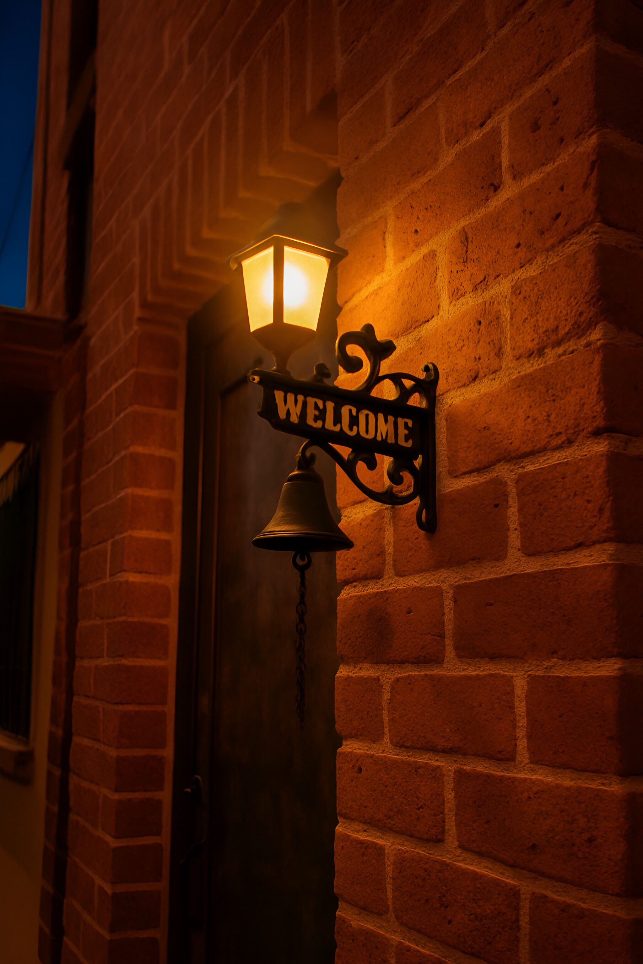 A brick wall with a 'WELCOME' sign and a hanging bell.
