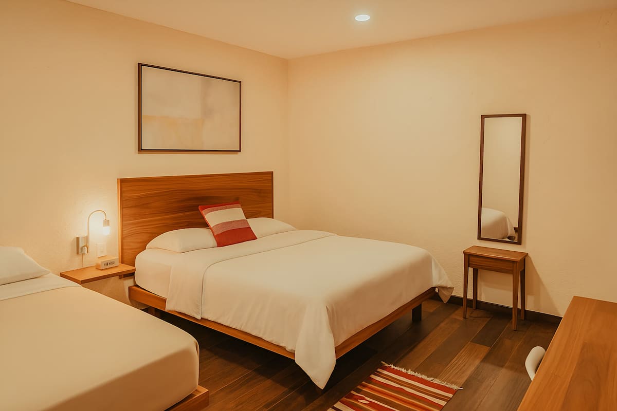 A hotel room with a wooden bed, a bedside table with a lamp, a small table, and a mirror.